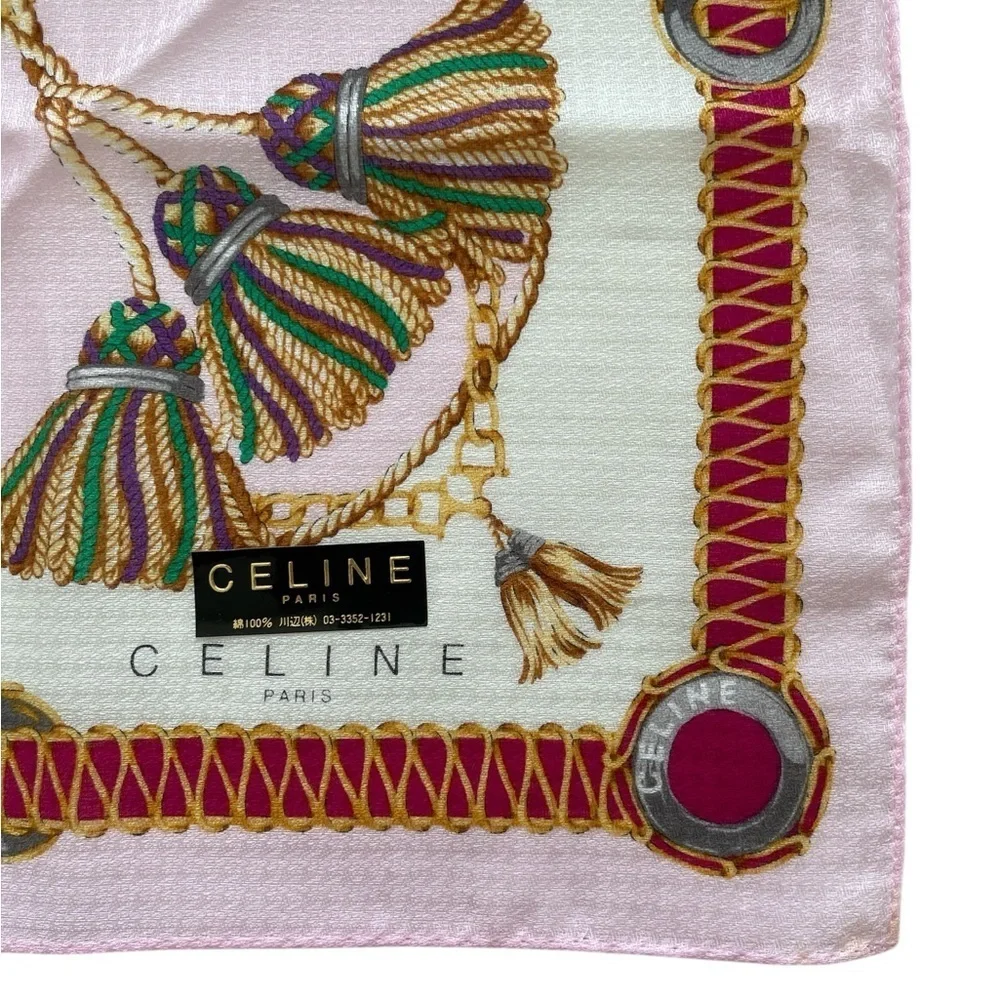 Authentic Celine Vintage Pink and Gold Patterned Silk Handkerchief